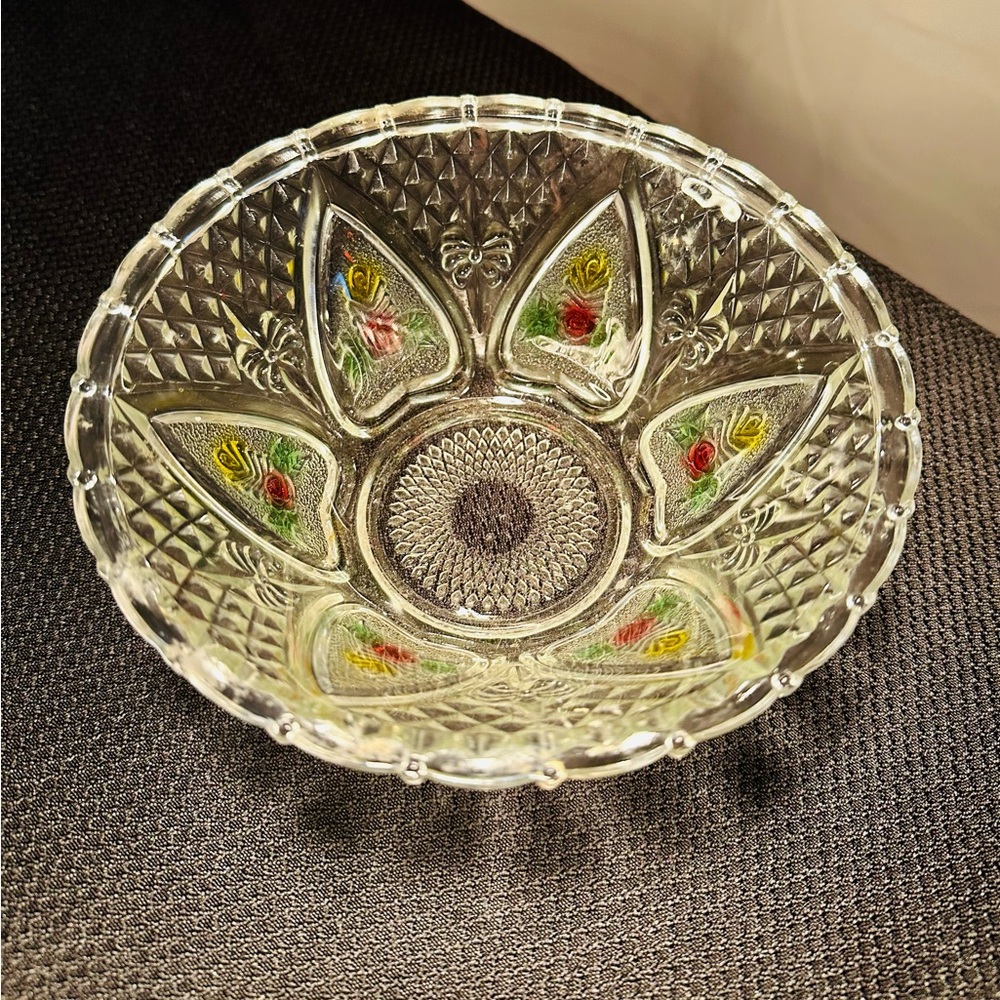 Vintage KIG Indonesia Glass Candy Dish Bowl, Bows & Roses